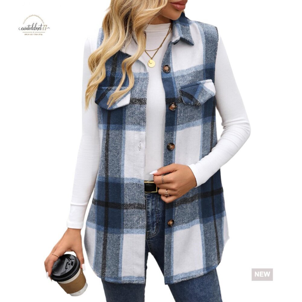 Flannel Plaid Vest Button Down Sleeveless Shacket Shirt Jacket Modern Chic